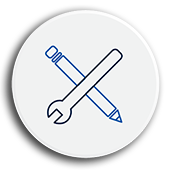 Circle with line drawing of a wrench and a pencil