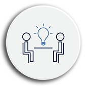 Circle with line drawing of two figures sitting at a table with a light bulb above it